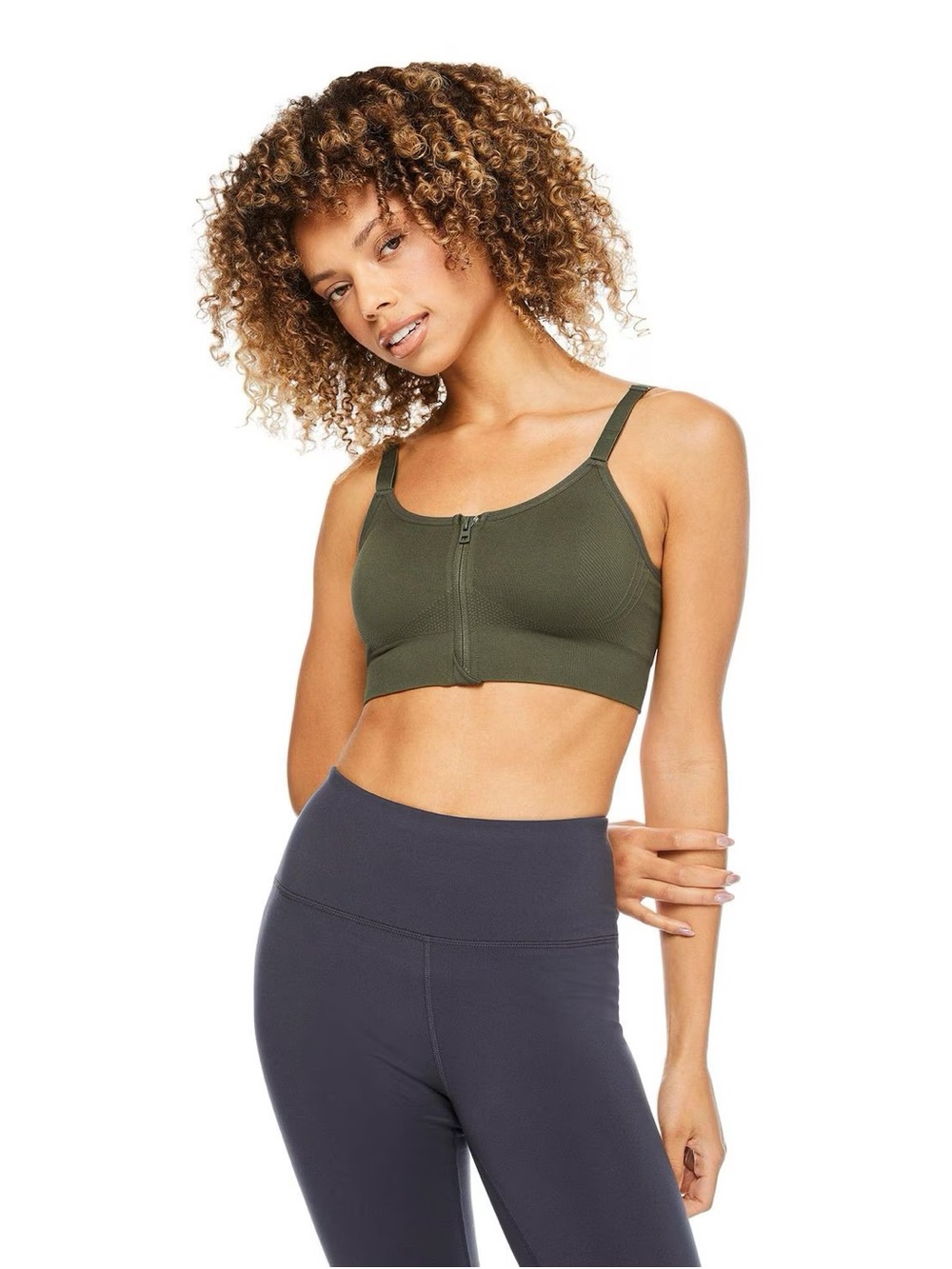 Athletic Works Olive Front-Zip Sports Bra